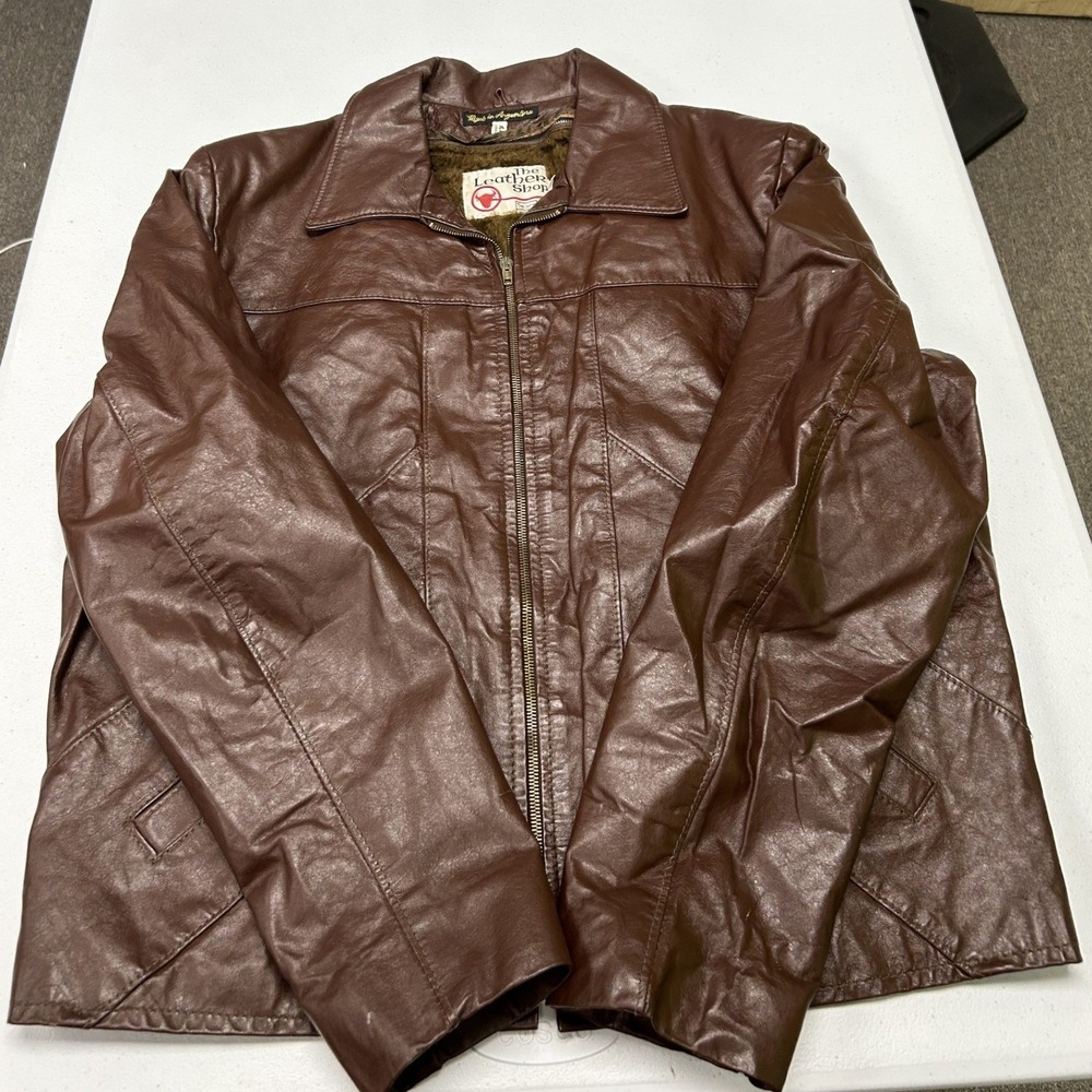 Leather Shop Sears Jacket Mens XL Brown Vintage Faux Fur Lined Zip Up Bomber